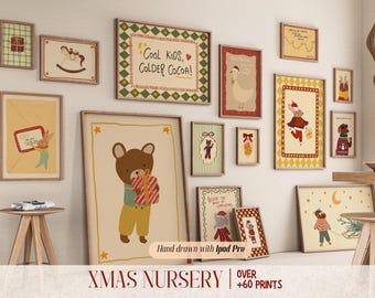 Neutral Christmas Nursery Wall Art, Cute Holiday Prints for Kids Room, Scandinavian Baby Decor, Hand Drawn Animal Art, Cozy Winter Gallery