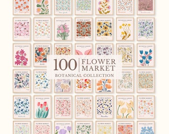 Blumenmarkt-Druckset mit 100 Blumengalerie, trendige Blumenposter, buntes Kunstdruckpaket, botanische Kunst, digitaler Download