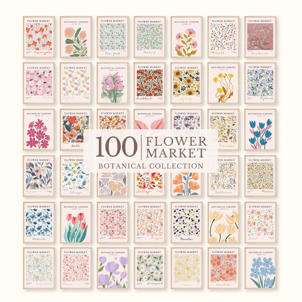 Lot de 100 imprimés marché aux fleurs, ensemble mural de galerie de fleurs, affiches florales tendance, lot d'impressions d'art colorées, ensemble d'art botanique, téléchargement numérique