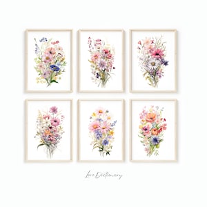 花の水彩画プリント6枚セット | 野の花のウォールアート | 花の水彩画プリント | 印刷可能なカラフルな花のアートワーク、デジタルダウンロード