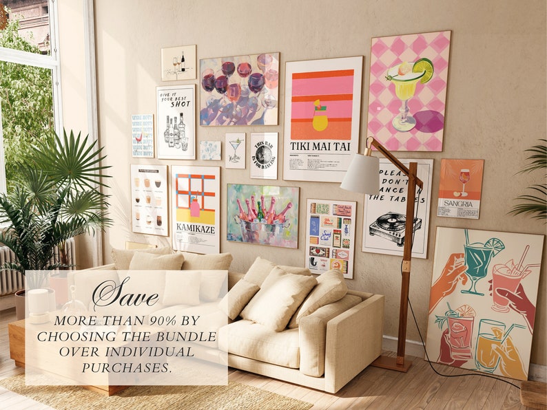 May include: A collection of 12 colorful cocktail-themed prints, including a pink and orange Tiki Mai Tai print, a green margarita print, and a print with a group of hands holding cocktails. The prints are arranged on a wall in a living room setting with a beige sofa and a wooden floor.