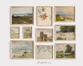 French Country Gallery Wall Print Set, Vintage Spring Prints, Landscape Painting Printable Wall Art, Farmhouse Wall Decor, Antique Print