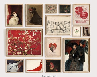 Vintage valentijnsprenten galerij muur set van 14, valentijnsposter, vintage Valentijnsdag kunst aan de muur, decor valentijnsdag huis, AFDRUKBARE KUNST