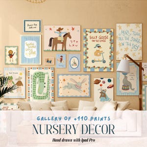 Puede incluir: Una galería de impresiones de decoración de guardería con varias ilustraciones. Las impresiones incluyen un vaquero a caballo, un conejo, un caimán y un león tocando la guitarra. El texto incluye "Dream big, little one" y "Twinkle twinkle little star."