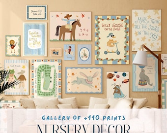 Blue Nursery Wall Art Bundle of +110, Boy Room Decor, Pastel Baby Prints, Cute Animal Wall Art, Cowboy Nursery Prints, Playroom Decor Set