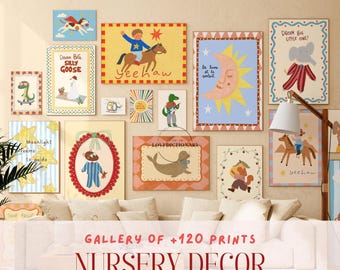 Bundle of 120 Colorful Nursery Prints, Playful Kids Wall Art, Baby Room Decor, Cute Animal Prints, Eclectic Nursery Gallery,Kids Bedroom Art
