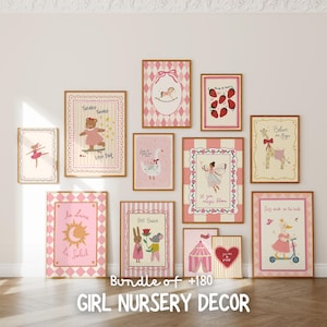 May include: A collection of framed nursery art prints in various sizes, featuring pink and cream color schemes. The prints showcase whimsical illustrations of a ballerina, a bear, a goose, a fairy, and other charming characters. The text "Bundle of +180 GIRL NURSERY DECOR" is visible.
