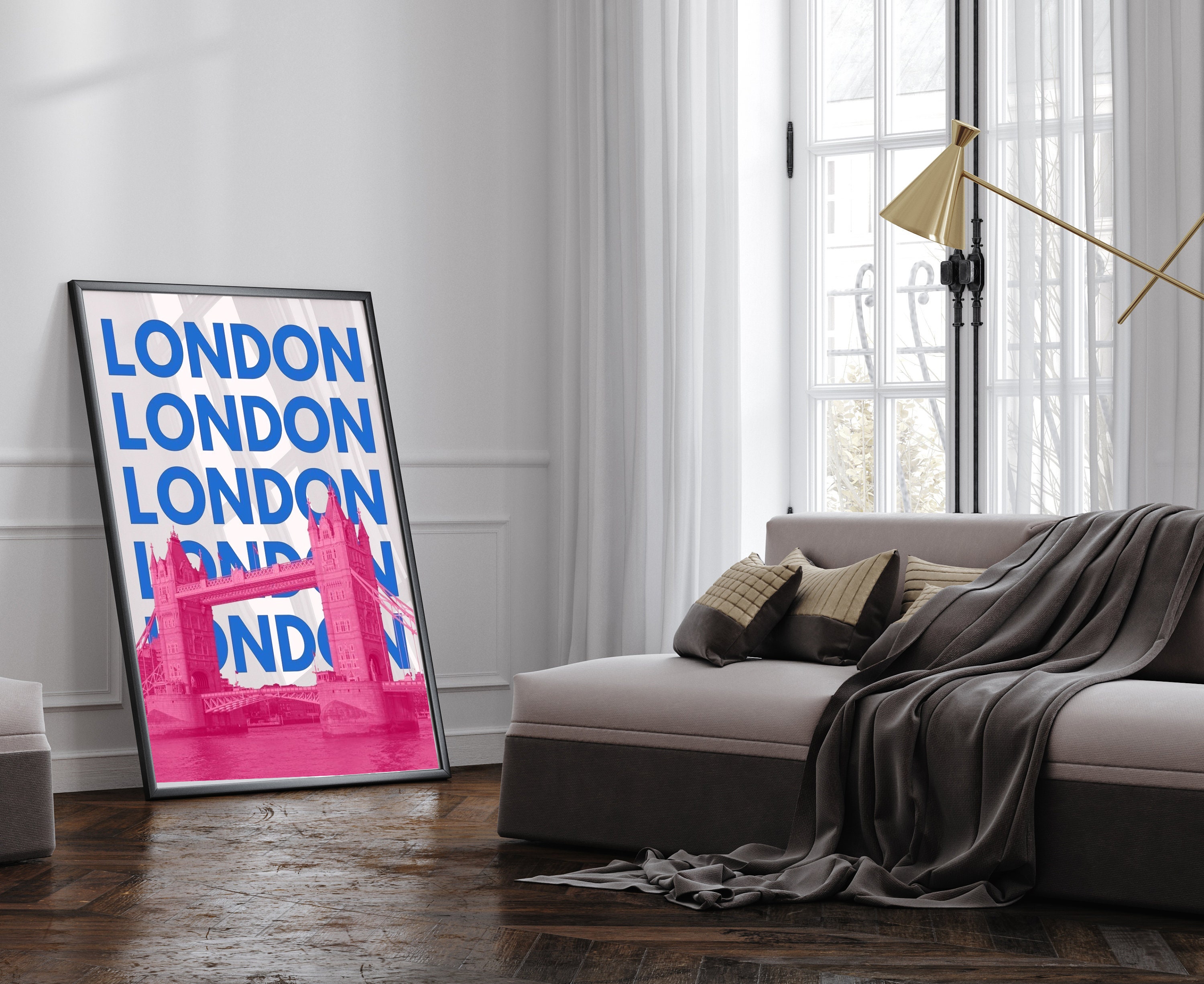 Discover London Travel Print | Digital Art Download | Pink Blue London Travel Exhibition  No Frame
