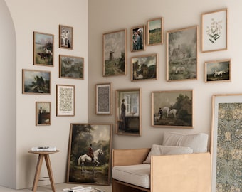 May include: A wall gallery featuring a variety of framed artwork, including landscapes, still lifes, and abstract designs. The gallery is arranged in a grid pattern and includes a mix of vintage and modern styles.