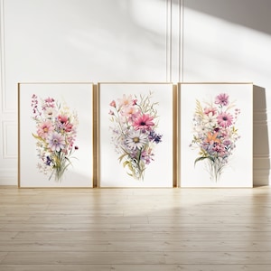 Floral Watercolor Print Set Of 3 | Wildflower Field Wall Art | Floral Watercolor Print | Printable Colorful Flower Artwork, Digital Download