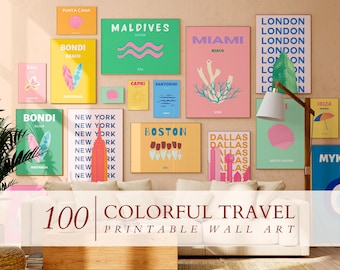 Lot de 100 affiches de voyage, décoration de chambre preppy, ensemble de collages muraux, décoration maximaliste, impressions tendance pour dortoirs, Bali Ibiza Capri Bondi Palm
