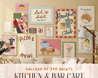 Kitchen Wall Art Bundle, 210 Printable Kitchen Decor, Retro Food Illustrations, Bar Cart Art Set, Dining Room Prints, Trendy Kitchen Decor