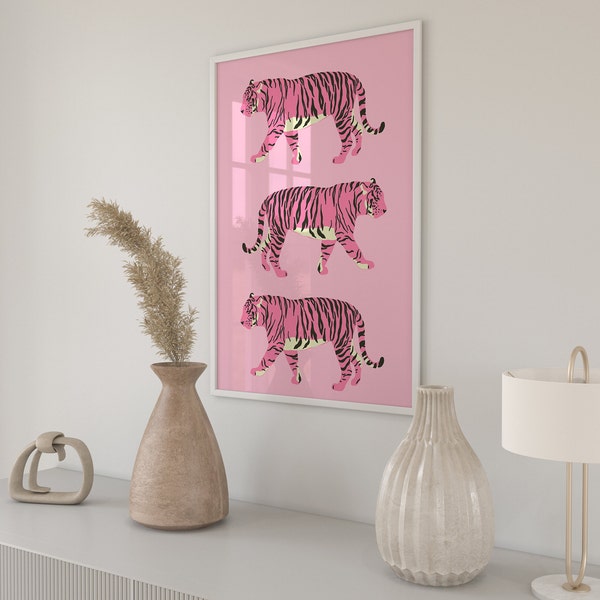 Preppy Pink Tigers Print, Preppy Wall Decor, Trendy Wall Art, Digital Download Print, Hot Pink Poster, Printable Art