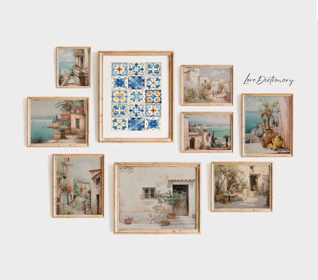 Vintage Mediterranean Wall Art, Set of 9 Prints, Mediterranean Decor