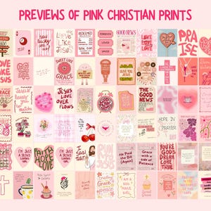 May include: A collection of pink Christian prints with various inspirational quotes and illustrations. The prints feature phrases like "Love Like Jesus," "Good News," and "Hope in Prayer," with a variety of fonts and designs.
