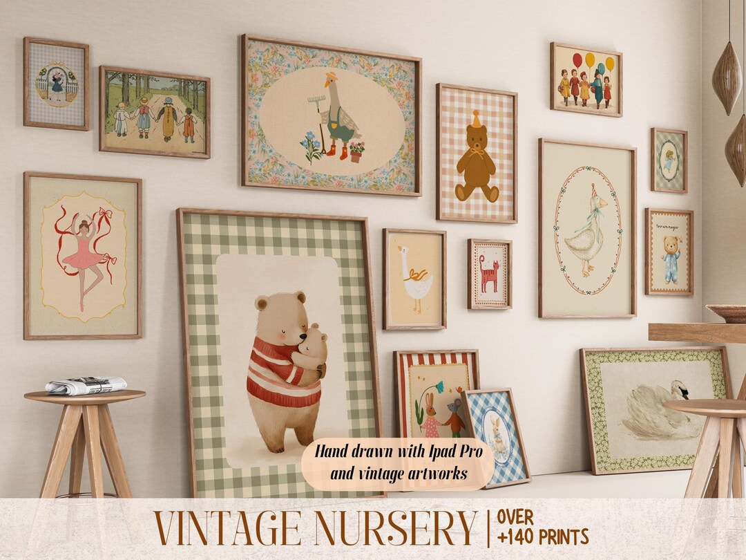 Vintage Nursery Wall Art Bundle, 140+ Hand-drawn Prints, Baby Room ...