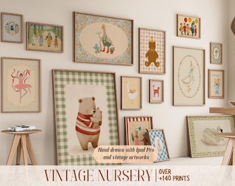 Vintage Nursery Wall Art Bundle, 140+ Hand-Drawn Prints, Baby Room Decor, Retro Kids Room Prints, Playroom Decor, Digital Download