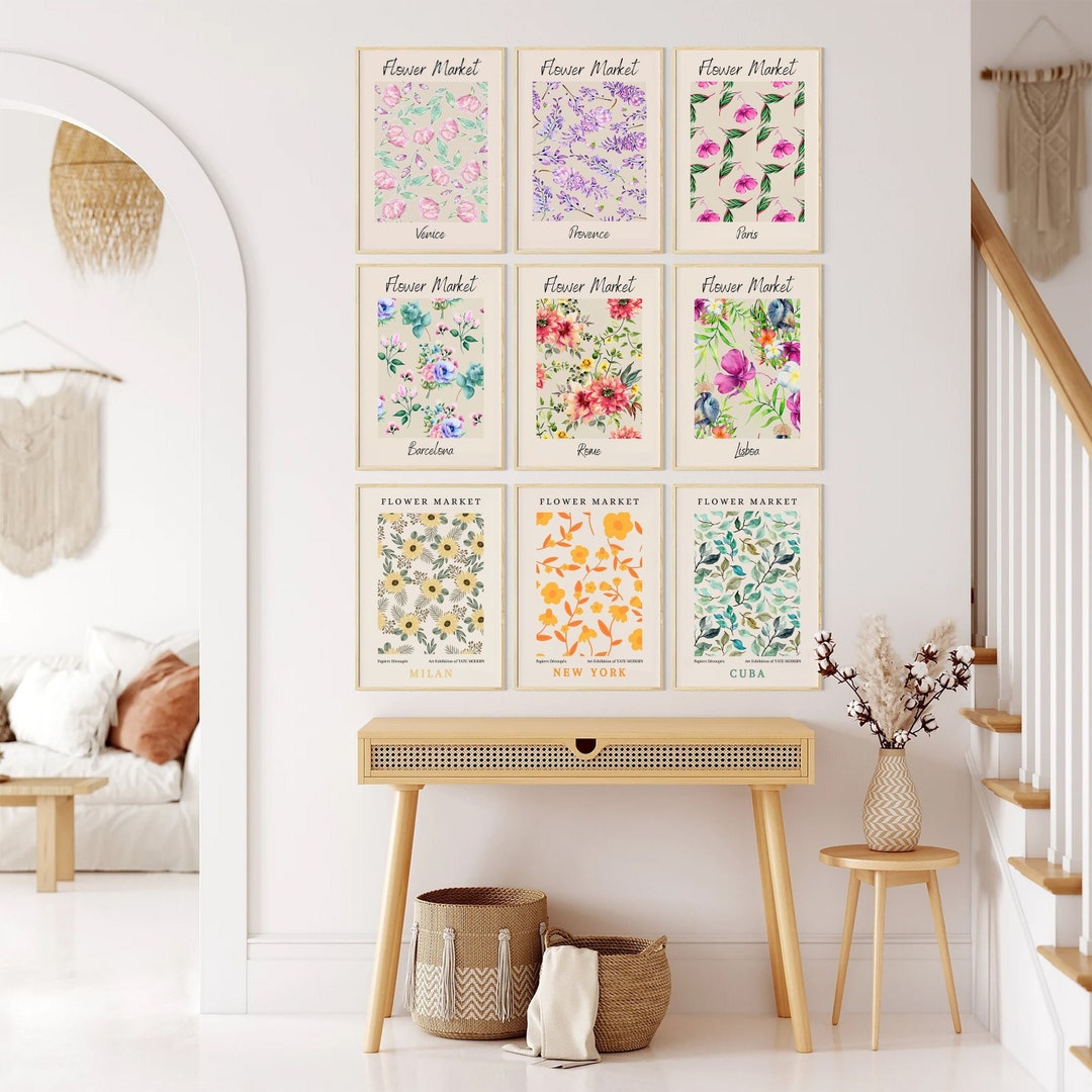 Flower Market Print, Set of 9, Botanical Wall Art, Floral Decor Posters ...