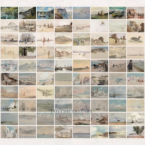 Puede incluir: Un collage de 64 acuarelas que representan diversos paisajes marinos. Las pinturas presentan barcos, puentes y conchas marinas, todos representados en tonos suaves y apagados.
