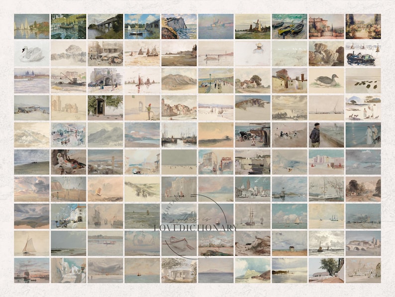 Puede incluir: Un collage de 64 acuarelas que representan diversos paisajes marinos. Las pinturas presentan barcos, puentes y conchas marinas, todos representados en tonos suaves y apagados.