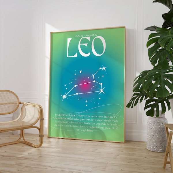 LEO Star Sign Instant Download Print, Zodiac Art Printable, Spiritual Wall Art, Aura Gradient Poster , DIGITAL DOWNLOAD.