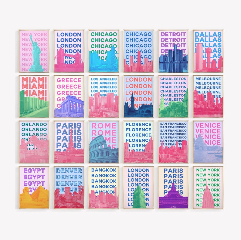 May include: A collage of 20 framed city skyline prints. Each print features a different city name in a bold, colorful font, repeated multiple times, and a stylized skyline silhouette in pink, blue, or green.