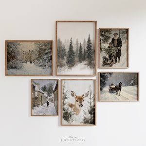 Winter Gallery Wall Set of 6, Vintage Christmas Printable Wall Art, Winter Decor, Christmas Prints, Vintage Winter, Landscape Painting Art