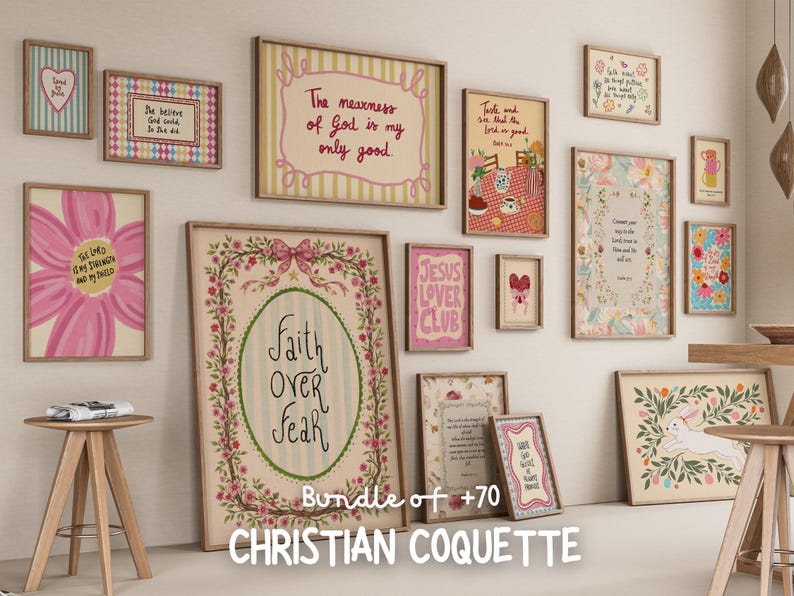 Christian Coquette Wall Art Bundle, Pink Bible Verse Prints (Digital Download) image 1