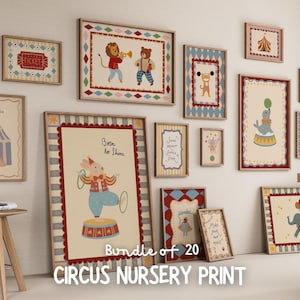 Vintage Circus Nursery Prints, Baby Animal Wall Art Set (20) (Digital Download)