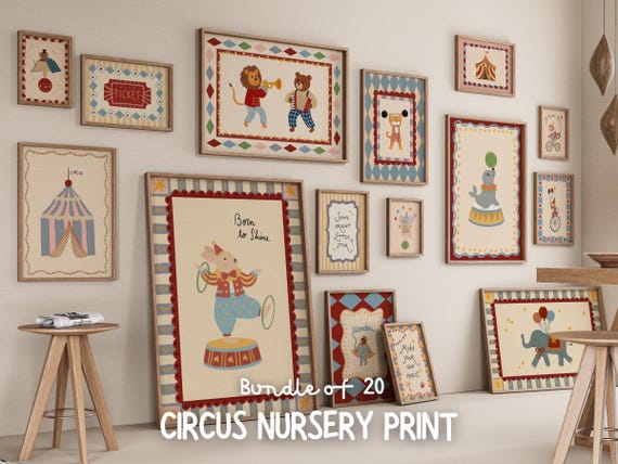 Vintage Circus Nursery Prints, Baby Animal Wall Art Set (20) (Digital Download)