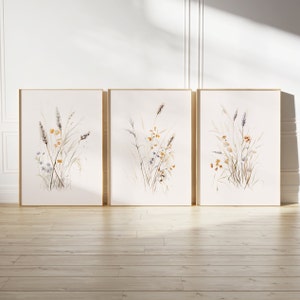 Wildflowers Print Set of 3, Watercolor Flower Gallery Wall Set, Boho Botanical 3 Piece Wall Art, Neutral Floral Poster, Minimalist Bouquet