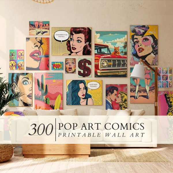 300 Kit de collage de pared de arte pop retro, impresiones de fotos de arte pop vintage, decoración de la habitación de carteles de arte pop, kit de collage de fotos retro, descarga digital