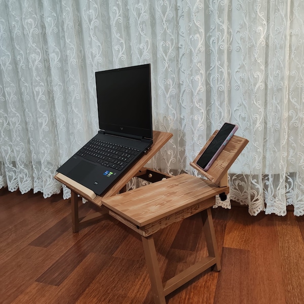 Portable Wood Lap Desk, Foldable Laptop Stand, Laptop Bed Tray, Breakfast Serving Tray, Height Adjustable Laptop Table, Wooden Macbook Stand