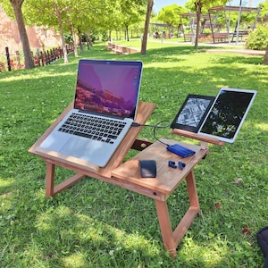 Escritorio portátil de madera, soporte plegable para portátil, bandeja para portátil, bandeja para servir desayuno, mesa para portátil de altura ajustable, soporte de madera para MacBook