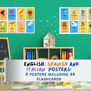 48 English, Spanish and Italian First Words Flashcards. Excellent for Bilingual Teaching and Homeschooling