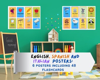 48 Engelse, Spaanse en Italiaanse eerste woorden-flashcards. Uitstekend geschikt voor tweetalig onderwijs en thuisonderwijs