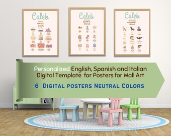 Gepersonaliseerde digitale sjabloon voor 6 posters in het Italiaans, Spaans en Engels. Neutrale kleuren voor kunst aan de muur of thuisonderwijs