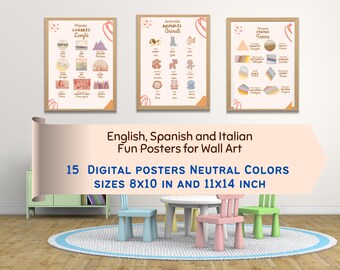 15 Engelse, Spaanse en Italiaanse posters, muurkunst taalleren.   Set van 15 digitale downloads in neutrale kleuren.