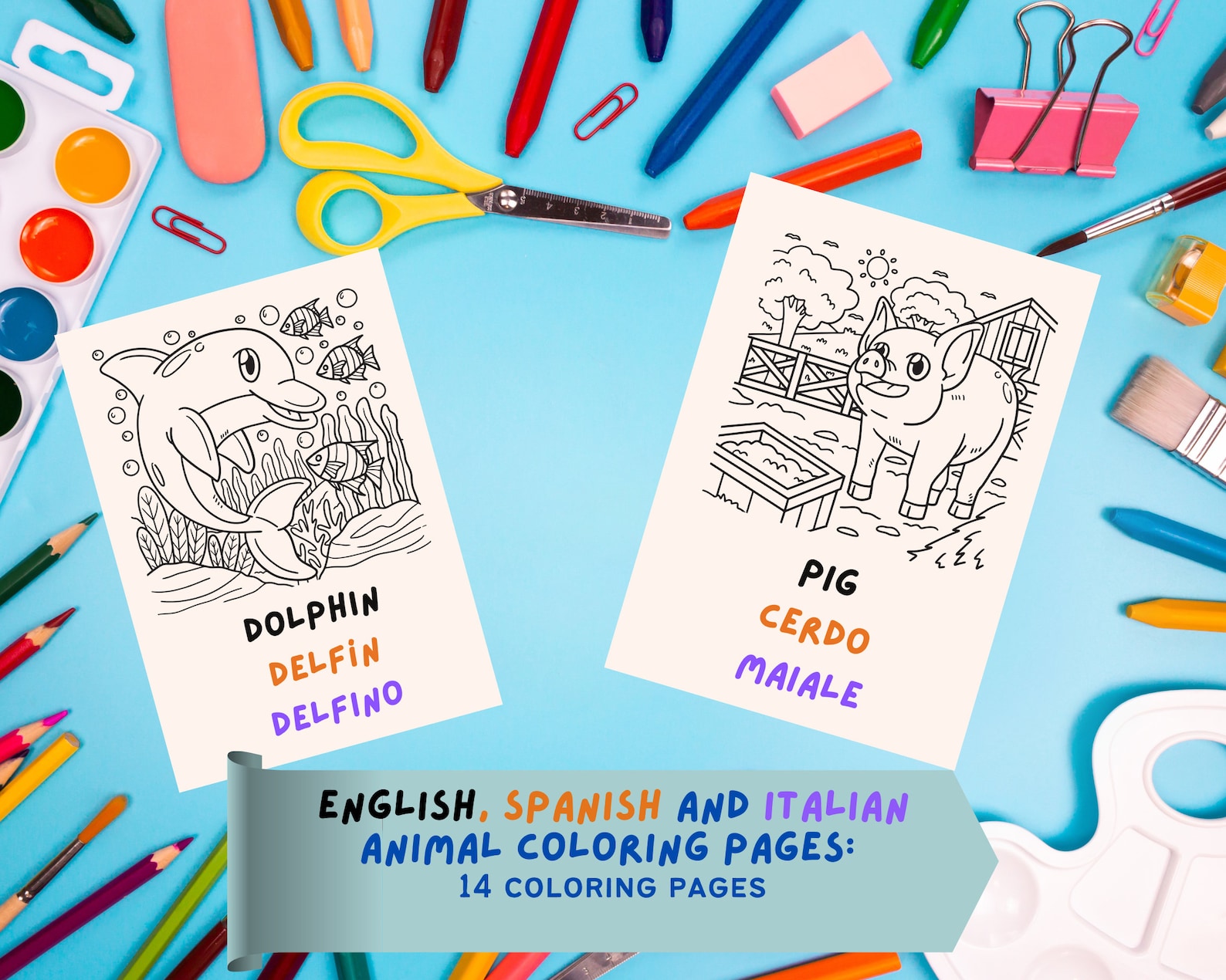 BILINGUAL / TRILINGUAL Coloring Pages in English, Spanish and Italian