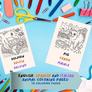 BILINGUAL / TRILINGUAL  Coloring Pages in English, Spanish and Italian great for Home Schooling and Wall Art