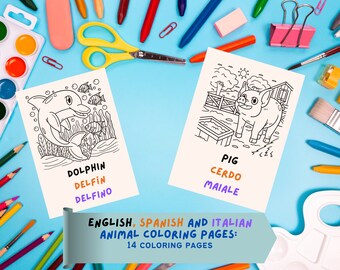 Kleurplaten in het Engels, Spaans en Italiaans, ideaal voor thuisonderwijs en muurkunst