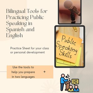 Op de afbeelding: Afbeelding die tweetalige tools promoot voor het oefenen van spreken in het openbaar in het Spaans en Engels. De afbeelding bevat een microfoon, een plakbriefje met "Public Speaking Skills" en een illustratie van een spreker.