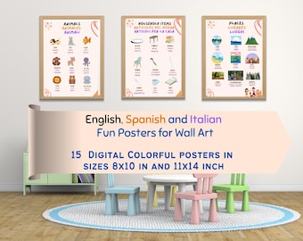 15 Engelse, Spaanse en Italiaanse tweetalige educatieve kleurrijke posters.  Set van 15 digitale downloadposters voor kunst aan de muur.