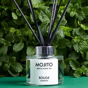 May include: A clear glass bottle diffuser with black reeds, labelled "Mojito Mint & White Tea" and "Rouge London". The bottle is surrounded by green mint leaves.