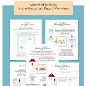 Op de afbeelding: Een set van vier kleurrijke educatieve werkbladen over het tolerantievenster. De werkbladen bevatten illustraties van een berg, een sneeuwvlok en een persoon. De tekst op de werkbladen bevat de termen "Tolerantievenster", "Hypo-arousal", "Hyper-arousal", "Tekenen van dysregulatie" en "Hyper-freeze".