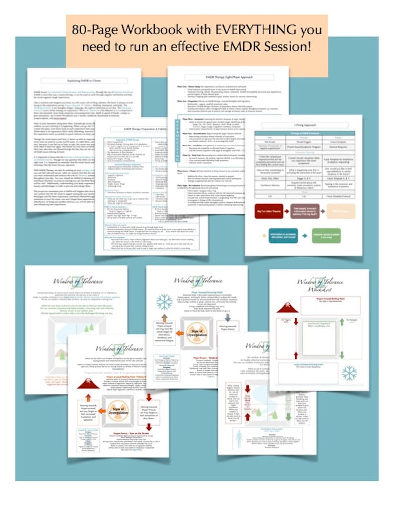 May include: A workbook titled "80-Page Workbook with EVERYTHING you need to run an effective EMDR Session!" The workbook contains several pages with text and illustrations. The text includes the words "Windows of Tolerance" and "Signs of Dysregulation".