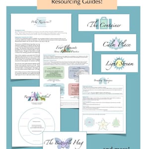 May include: A set of printable resources for stress management and self-care. The resources include a "Four Elements Stress Reduction Practice" guide, a "Resource Team Wheel" worksheet, and a "Breathing Techniques" guide. The guides are designed to help people manage stress and anxiety.