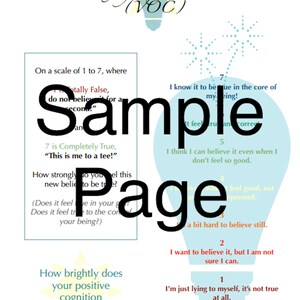 May include: A light blue graphic with a lightbulb shape and a scale of 1 to 7. The scale is labelled with descriptions of how strongly someone believes something to be true. The graphic is titled "Validity of Cognition Scale (VOC)".