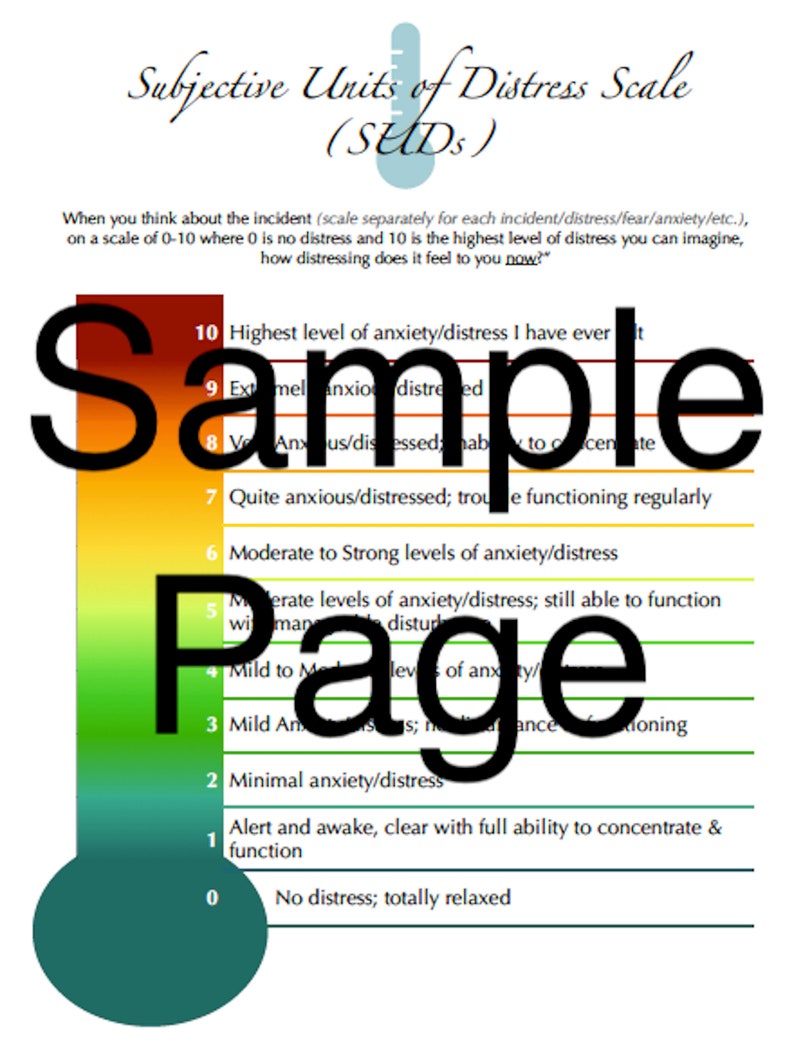 May include: A subjective units of distress scale (SUDS) chart with a thermometer graphic. The chart is a visual representation of anxiety and distress levels, ranging from 0 to 10, with descriptions for each level. The chart is a tool for self-assessment and understanding emotional states.