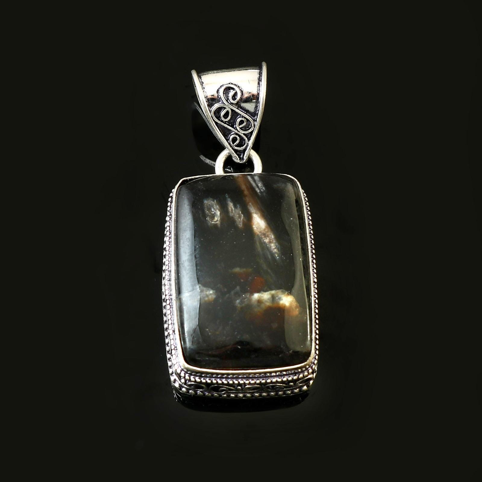 Black banded agate pendant, natural gemstone pendant, 925 sterling silver pendant, handmade pendant, gift for /him, anniversary gift